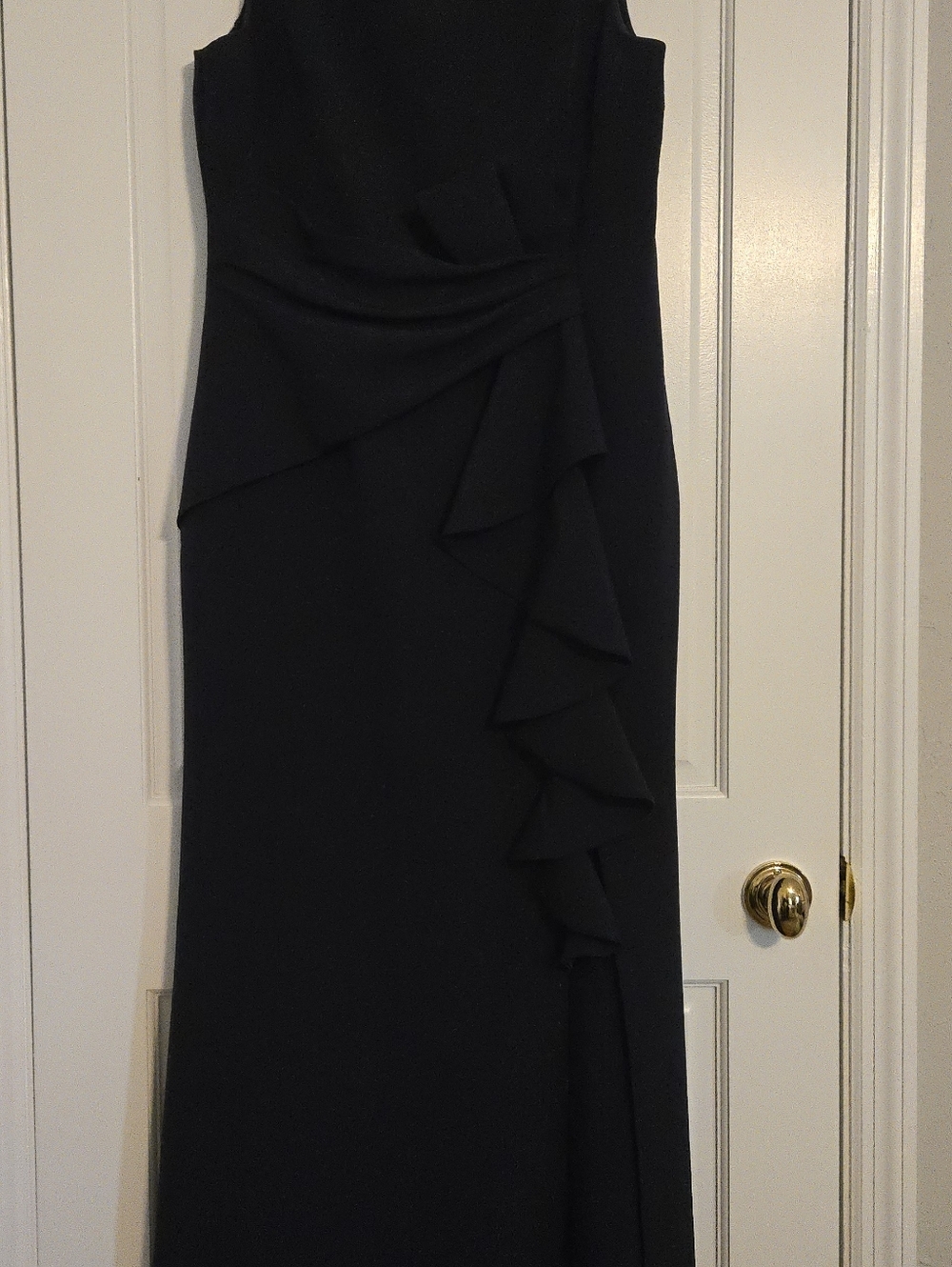 Elegant Midnight Blue Sleeveless Ruffle Sheath Dress